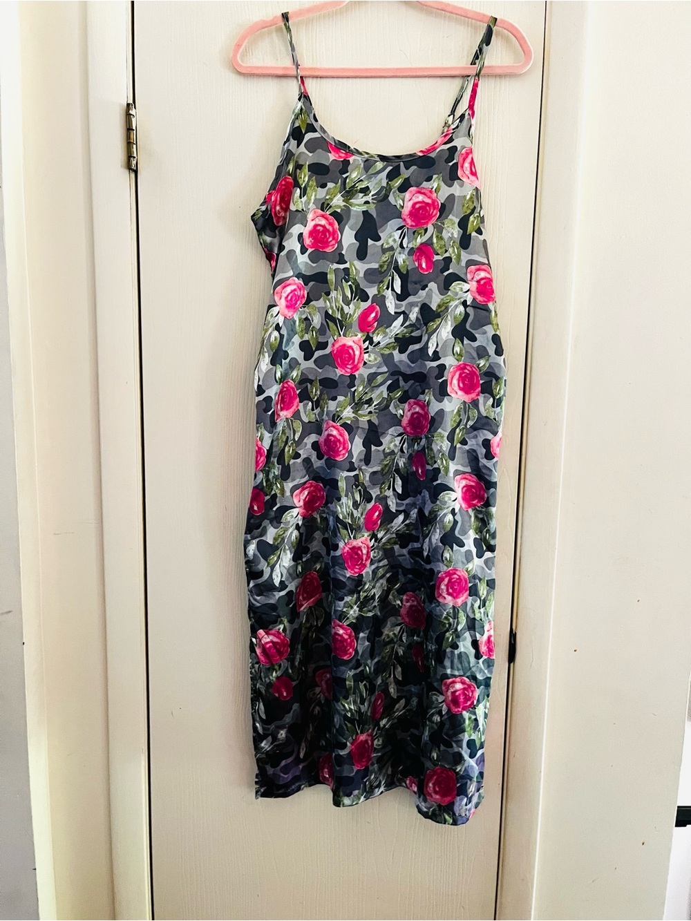 VTG 90s Silky Satin Camouflage Floral Cottagecore Beach Slip Dress Nightgown L